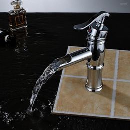 Bathroom Sink Faucets Chrome Finish Waterfall Spout Basin Faucet Single Handle Hole Vanity Mixer Tap