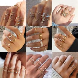 Band Rings WUKALO Bohemian Gold Silver Colour Crystal Opal Rings Set For Women Fashion Boho Heart Butterfly Moon Rings Party Jewellery Gifts AA230306