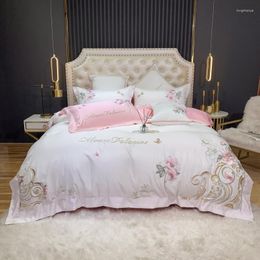 Bedding Sets 6 Designs White Embroidery 60S Satin Washed Silk Set Cotton Duvet Cover Bed Linen Fitted Sheet Pillowcases Bedclothes
