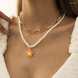 Pendant Necklaces Vintage Rural Style Pearl Flower For Women Punk Geometric Thick Chain Clavicle Necklace Collar Jewellery Gift