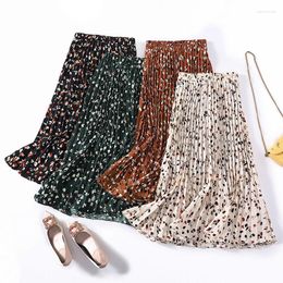 Skirts Spring Summer Pleated Flower Long Skirt Women Slim Elastic High Waist Casual A-Line Sweet Floral Print Midi Wrap Female