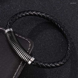 Charm Bracelets Fashion Simple Black Genuine Leather Wrist Men Unique Stainless Steel Magnetic Buckle Bangles Male Jewellery SP1029