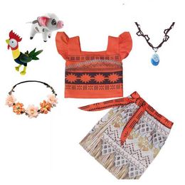 2021 Girls Moana Cosplay Costume for Kids Vaiana Princess Dress with Necklace Halloween Costumes Baby Children Party Clothes H0910273p