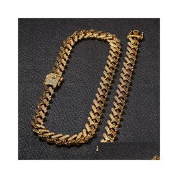 Bracelet Necklace Mens 15Mm Miami Cuban Link Chain Bracelets Set For Women Bling Iced Out Diamond Gold Sier Thick Heavy Chains Hip Dhwpi