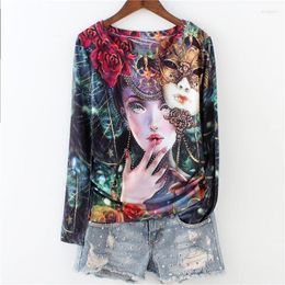 Women's T Shirts 3XL 4XL Harajuku Women Tshirt Vintage Abstract Plus Size Long Sleeve Beading Oversized Tee 2023 Ladies Girl Tops 166S30