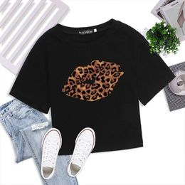 Women's T Shirts Lips Leopard Print Women T-shirt Short Sleeve Fashion Navel Tee Shirt Femme Harajuku Graphic Cropped Tops Y2k Streetwear