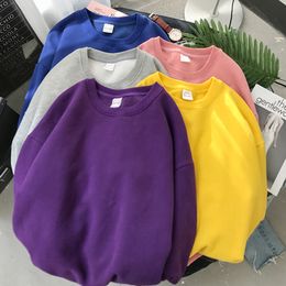 Women's Hoodies Sweatshirts Woman Solid Colour O-Neck Sweatshirt Casual Loose Fit Hoodie Harajuku Aesthetic Streetwear Velvet Pullover White Tops Korean Pop 230306