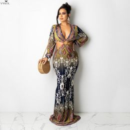 Casual Dresses Korean Women Paisley Cut Out Open Back Bandanna Mermaid V-neck Maxi Dress Sexy Party Club Long Sleeve Floor Length 2023