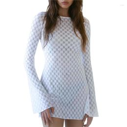 Casual Dresses Xingqing White Dress For Women 2000s Aesthetic Floral Hollow Out Long Sleeve Backless Mini Beach Clothes Party
