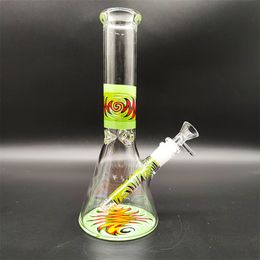 2023 Heady Bong Glass Bong Water Pipe Green Doodle Style Bottom and Middle OEM ODM 10 Inches Smoking Bubbler Dabber Rig Recycler 14mm Colorful Joint Retail