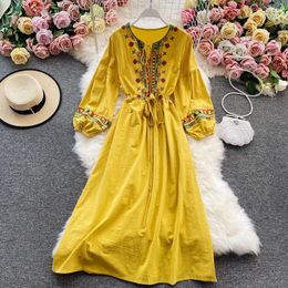 Casual Dresses 2023 Fashion Pure Color Round Neck Long Dress Loose Temperament Sleeve Embroidered Cotton Linen Beach White