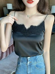 Women's Tanks Camis Lace Strap Silk Top Women Sexy Halter V Neck Sleeveless Crop Top Satin Tank Tops Women Underwear Camisole 230306