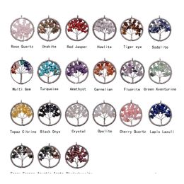 Pendant Necklaces 12Pcs Real Chip Gem Stone Chakra Necklace Tree Of Life Quartz Crystal Chips Women Rainbow Pendants Jewellery For Dro Dh12J