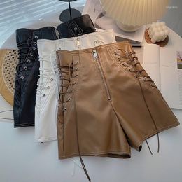 Women's Shorts 2023 Fashion Spring Autumn A Line PU Women Slim Tie Bow Leather Female All Match High Waist Wide Leg Casual