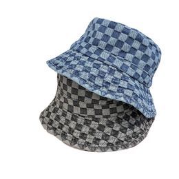Washed Chessboard Plaid Denim Flat Top Foldable Soft Brim Bucket Hat Female Spring and Summer Casual Retro Bucket Hats