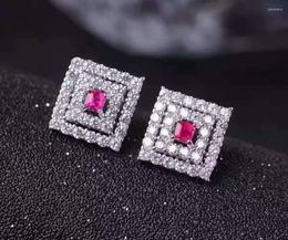 Stud Earrings Natural Red Ruby Gem Simple Ompact Square Gemstone S925 Silver Women Wedding Gift Fine Jewellery