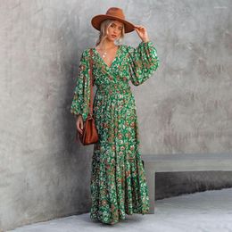 Casual Dresses Sexy Backless Lace-up Ruffled Pleated Dress Green Floral Print Boho Women V-neck Lantern Long Sleeves Autumn