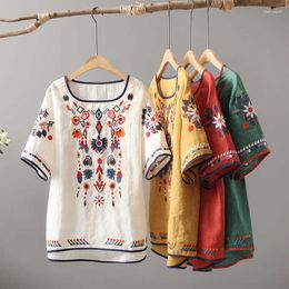 Women's Blouses Cotton Linen High Quality Embroidered Shirt Women Loose Casual Large Vintage Craft Design T-shirt