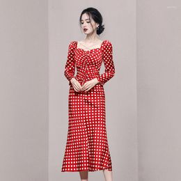 Casual Dresses Square Collar Red Polka Dot Women Dress Long Puff Sleeve High Waist Mermaid Midi Female Spring Summer Vestidos F086