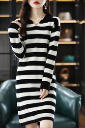 Women's Knits & Tees Korean Black And White Stripe Thickened Mid Length Knee Sweater Loose Neck Pullover Knitted Dress For WomenWomen's Wome