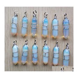 Charms Opal Stone Pillar Shape Point Pendum Handmade Sier Color Iron Wire Pendants For Fashion Jewelry Making Wholesale Drop Deliver Dhksp