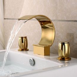 Bathroom Sink Faucets Luxury Gold Faucet Three Holes Two Handles Waterfall Copper High Quality Basin Golden Cold Water Tap