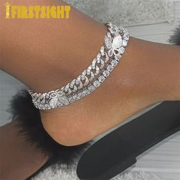 Anklets Parking CZ Rectangle Butterfly Anklet 10mm Iced Out Bling Miami Cuban Link Gold Silver Colour Anklets Women Hiphop Jewellery 230306