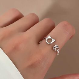 Band Rings Fashion Silver Color Kitten Ring for Women Cute Simple Animal Cat Paw Cat Ear Ring CZ Adjustable Finger Rings Wedding Jewelry AA230306