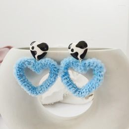 Dangle Earrings Sweet Cool Y2k Blue Plush Hollow Love Heart Pendant Korean Fashion Cute Cow Stripe Earings Harajuku Jewellery For Women