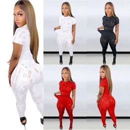 Wholesale Summer Casual Designer Tracksuits Two Piece Sets Womens Outfits Ripped Sprotswear Short Sleeve Pullover T-shirt And Pants Leggings Holes Sports