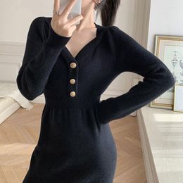 Casual Dresses Women V-neck Red Knitted Dress Autumn Solid Long Sleeve Slim Elegant Christmas Sweater For 2023