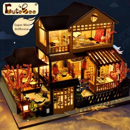 Doll House Accessories Cutebee Super Mini Wooden Doll House Mini Sakura Garden House Furniture Building Kit Toys for Children Gifts 230307