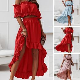 Two Piece Dress 2 PcsSet Women Skirt Solid Colour Ruffle Shoulderless Breathable Mini Summer Top for Prom 230307