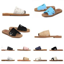 designer Woody sandals for womens Mules flat slides Light tan beige white black pink blue lace Lettering canvas women summer outdoor home slippers shoes size 35-42