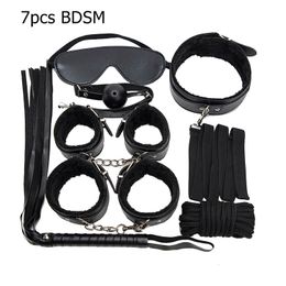 Adult Toys 7Pcs Bdsm Kit Sex Handcuffs Bondage Shop Menottes Juguetes Sexuales Para Parja Self Mouth Gag Whip Game Slave Femdom 230307