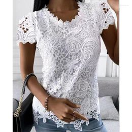 Women's Blouses Vintage Chic Lace Splicing Shirt Women Summer Top Casual O Neck Elegant Blouse Loose Short Sleeve White Shirts Blusas 24737