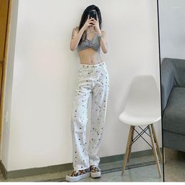 Women's Jeans Vintage Graffiti Print Tie-dye Splashed Ink High-waisted White Slacks Boyfriend For Women Y2k Pants