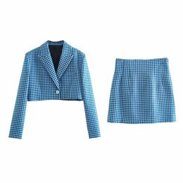 Two Piece Dress DYLQFS Women Vintage Twopiece Set Blue Plaid Office Lady Single Button Slim Short Blazer Female High Waist Skirt Suits 230307