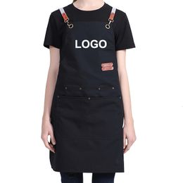 Aprons for Women Men Custom Cross Back Waterproof Kitchen Restaurant Server Mandil Cotton Canvas Chef Work Bib 230307