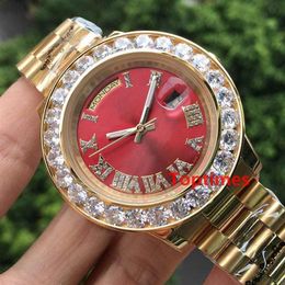 Iced Out Yellow Gold Big Luxury Men Day-Date Stainless Steel President Automatic Business Red Mens Diamond Watch Wristwatches Watc250U