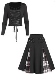 Casual Dresses Lace Up Long Sleeve Crop Top And Buckle Straps Plaid Panel Godet Skirt Set Matching Tonal Women Outfit Two Piece