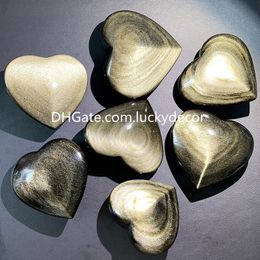 Natural Golden Sheen Obsidian Heart Palm Stone Gift of Love Mexican Protective Cat Eyes Quartz Crystal Decor Carved Polished Gold Shimmer Grounding Gemstone Heart