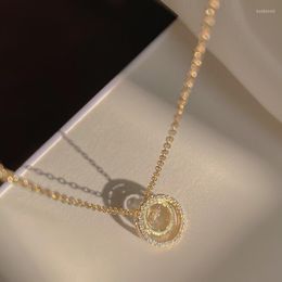 Pendant Necklaces Women Jewelry Dainty Gold Plated Cubic Zircon Circle Necklace Chic Stainless Steel Chain Diamond Double