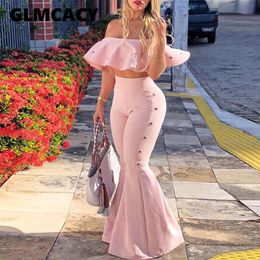 Women's Two Piece Pants Women Two Piece Outfits Off Shoulder Ruffle Crop Tops and Flare Pants 2 Piece Set Summer Club Party Festival Set 230306