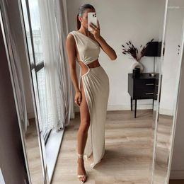 Casual Dresses Women Oblique Shoulder Dress Solid Color Cut Out Pleated Summer Gown Long Skirt Dark Brown Apricot White S M L