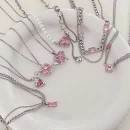 Pendant Necklaces Korean Pink Crystal Zircon Love Heart For Women Beads Pearl Chain Collar Necklace Female Jewelry Couple Gifts