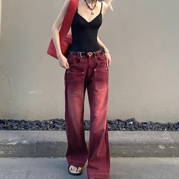 QNPQYX Boyfriend Style Streetwear Baggy Jeans Women Denim Trousers High Waist Y2k Vintage Washed Distressed Wide Leg Mopping Red Pants