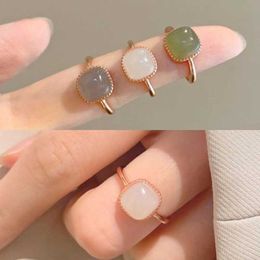 Band Rings 2023 Vintage Hotan Jade Square Heart Ring for Women Chinese Style Crystal Geometric Adjustable Finger Ring Jewelry Accessories AA230306