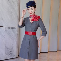 Air Stewardess High Grade Work Dress and Hat Summer Fashion Three Quarter Sleeve Robe Clothes Flight Attendant Interview Uniform