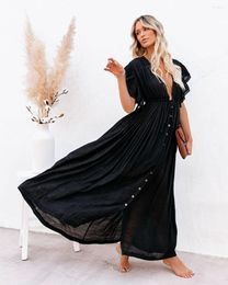 Party Dresses Wensilian Sexy Women Solid Sundress Deep V Neck Bohemian Lace Up Dress Ladies Summer Beach Vacation Long 2023